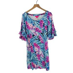 Lilly Pulitzer Lula Dress Size Large Peacock‎ Tweethearts Print Ruffle Sleeve